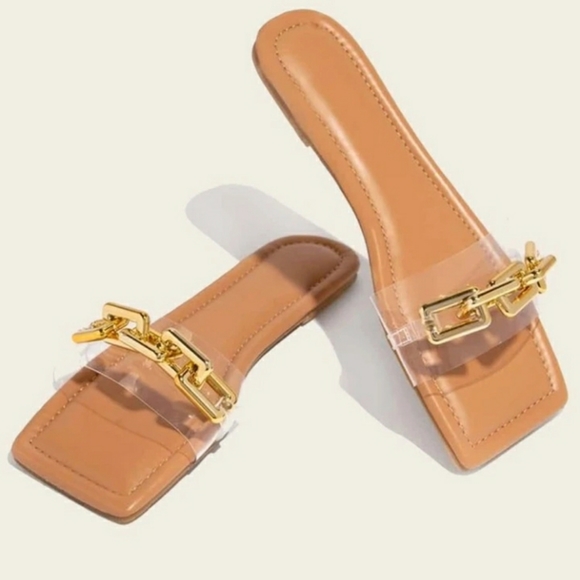 Steve Madden Shoes - Square Tan Gold Chain Sandals